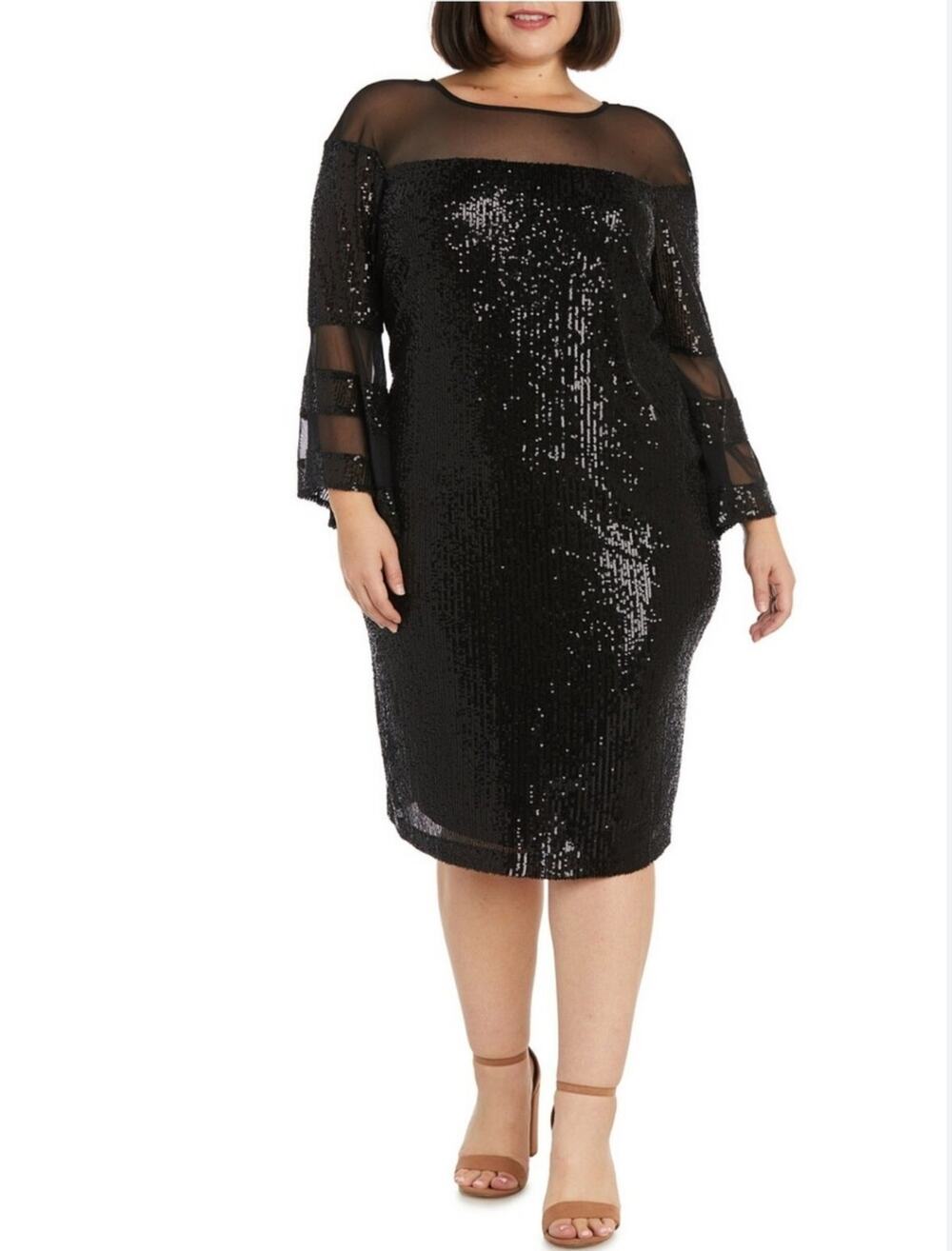 R&M Richards Black Cocktail Dress Sequined Long Sleeve Midi Shift Size 16W